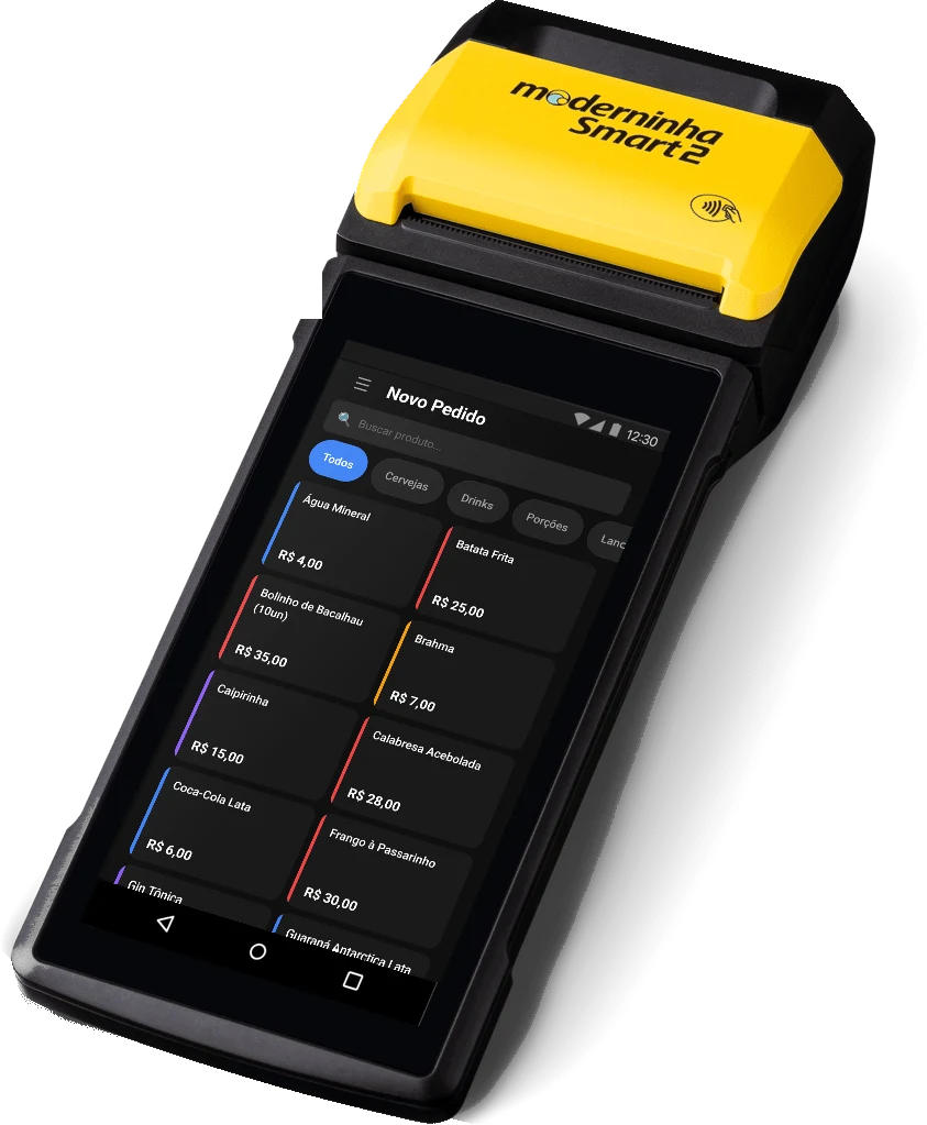 Moderninha Smart 2 com o TapBar aberto na tela de novo pedido, mostrando o cardápio do bar